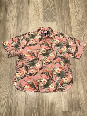 Gap Vintage 90s Hawaiian Floral Camp Shirt Pink Aloha Hibiscus Womens Small